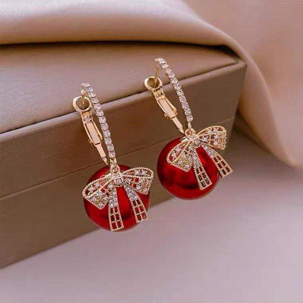 Luxury Red Pearl Zircon Bowknot Earrings Stud For Women Earrings Hook Dangle New Year Christmas Party Jewelry Gift