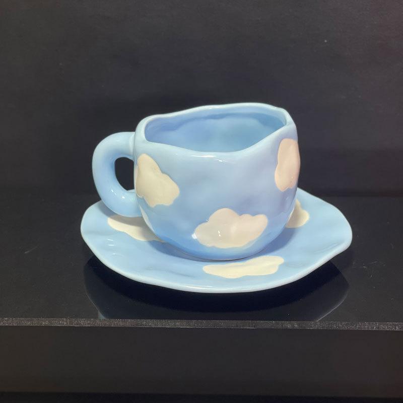Japanese-Style Small Fresh Underglaze Hand-Painted Cloud Coffee Cup And Saucer High-Value Hand-Pinched Irregular Ceramic Cup And Saucer Set