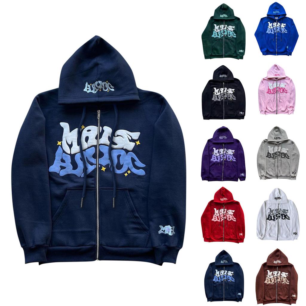 Street Fashion Print Hoodie Graphic Zip Up Hoodies Hip Hop Streetwear Oversized Vintage Outfit