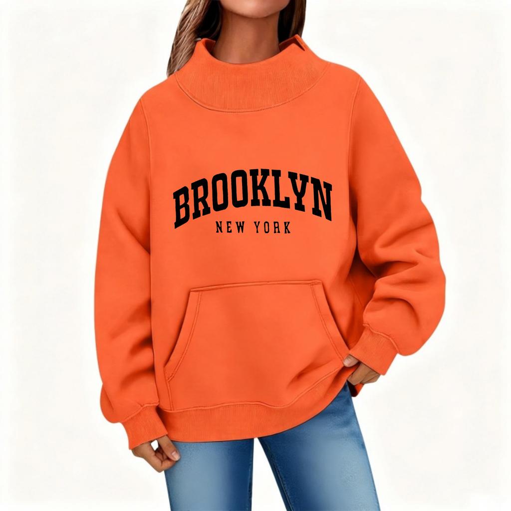 BROOKLYN printed semi-turtleneck sweater women's front shoulder kangaroo pocket long sleeve autumn and winter women's clothing