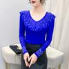 Весна Осень Женская Футболка с Рюшами и Стразами Горячей Фиксации Элегантные Футболки с Длинным Рукавом Приталенные Женские Топы