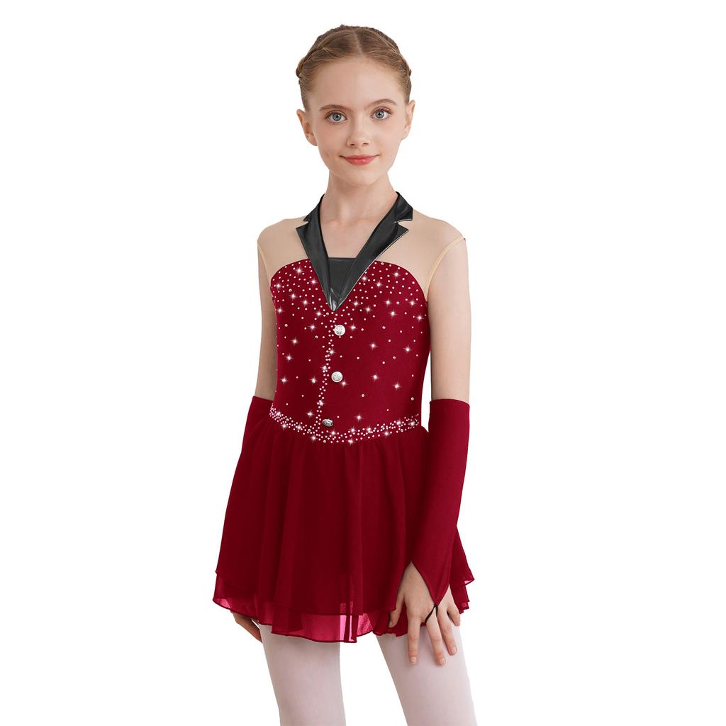 Girls Sparkling Skating Dress Sleeveless Patchwork One Piece with Fingerless Gloves Built In Briefs Performance Costume