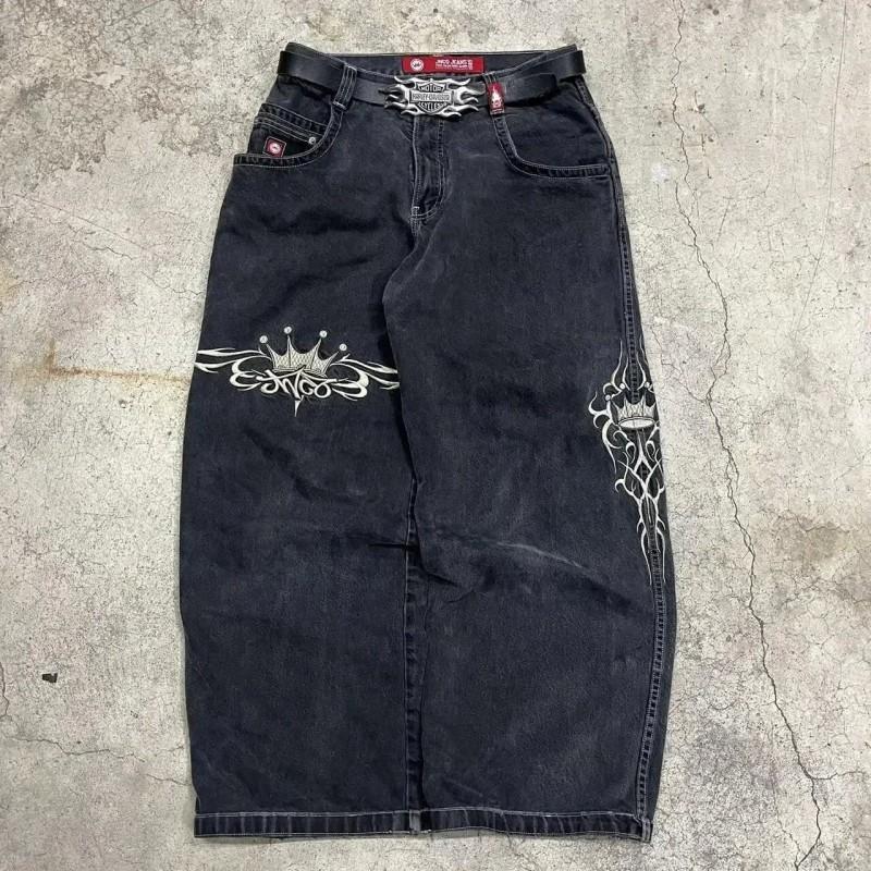 Mens Y2K Harajuku Hip Hop Streetwear Loose Fit Black Denim Jeans With Cartoon Embroidery