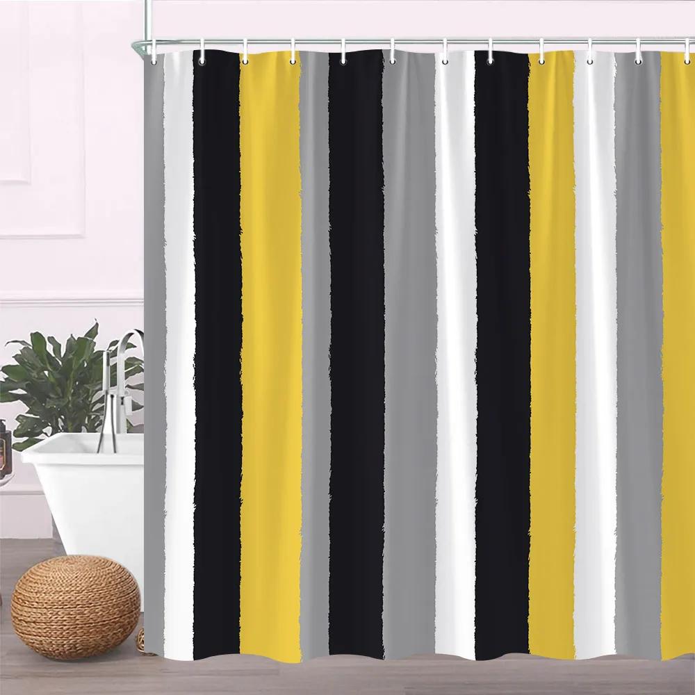 Modern Black Shower Curtain Set with Hooks-Black and White Shower Curtain for Bathroom Fabric Geometric Bath Curtains with Hoo