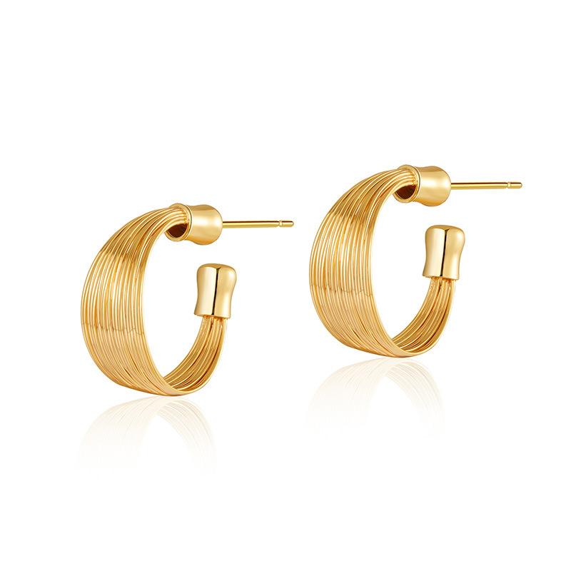 Vintage Metal Textured Gold Plated Multi Layer Circle C Shape Earrings