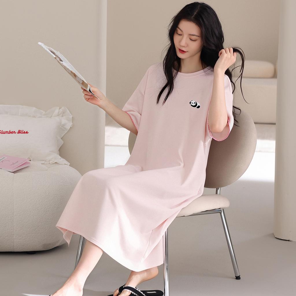 Pure cotton nightdress women's summer thin short-sleeved crew neck dress medium and long summer can wear cotton loungewear