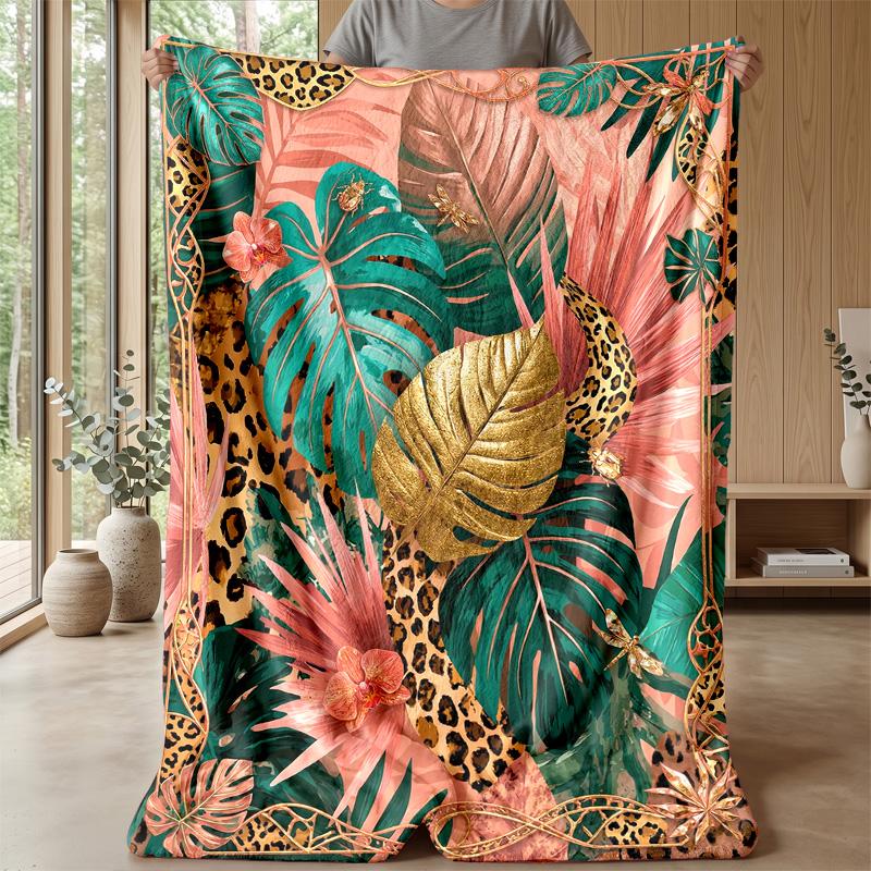 Jungle Leopard Floral Fusion 1 Theme blanket Lightweight Warm Flannel Blanket Decorative Throw Blanket for Home Decoration