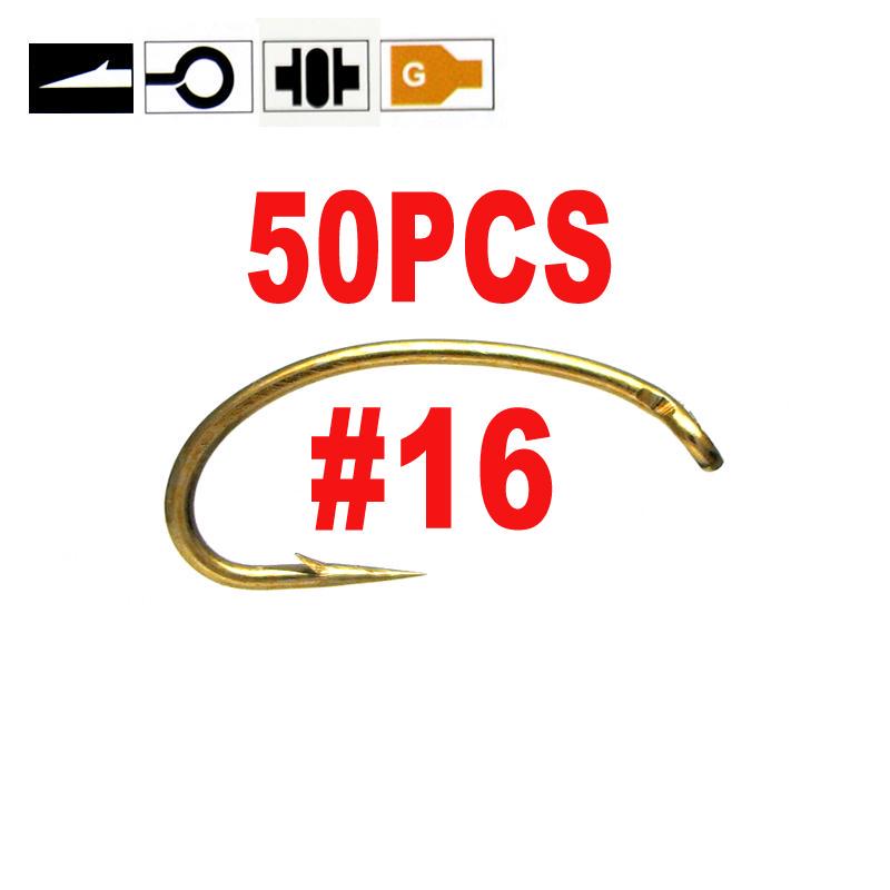 50pcs Gold Color Fly Tying Scud Nymph Hook Caddis Midge Shrimp Fly Tying Fish Hooks Size 10 12 14 16