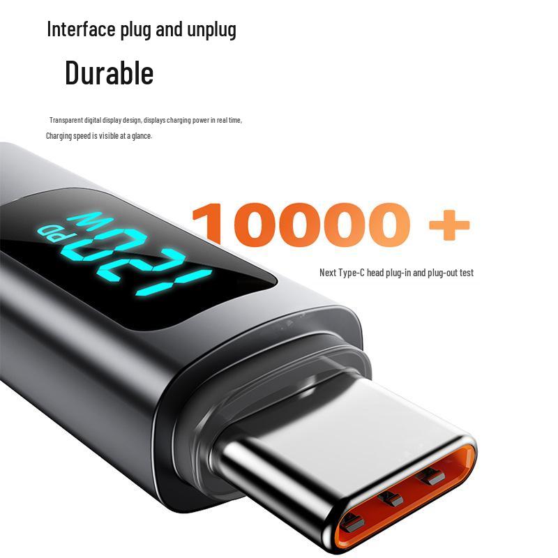 Кабель Crystal Shine 120 Вт для быстрой зарядки USB-C с цифровым дисплеем для Apple 15/16 и Huawei Honor.