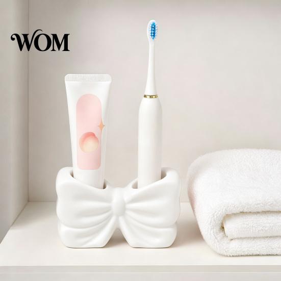 No Drill Bathroom Accessory 3D Printed Bow Toothbrush Holder, Adhesive Cup with Dual Holes for Pink White Organizer & Toothpaste, Cute Decor,