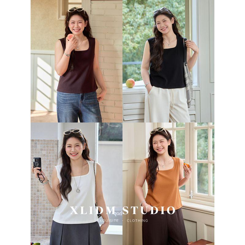 Xiaoli Plus Size Women's Clothing: Slimming Trapezius Muscle Effect ~ Elastic Large U-Neck Versatile Basic Wide Strap Tank Top for Women