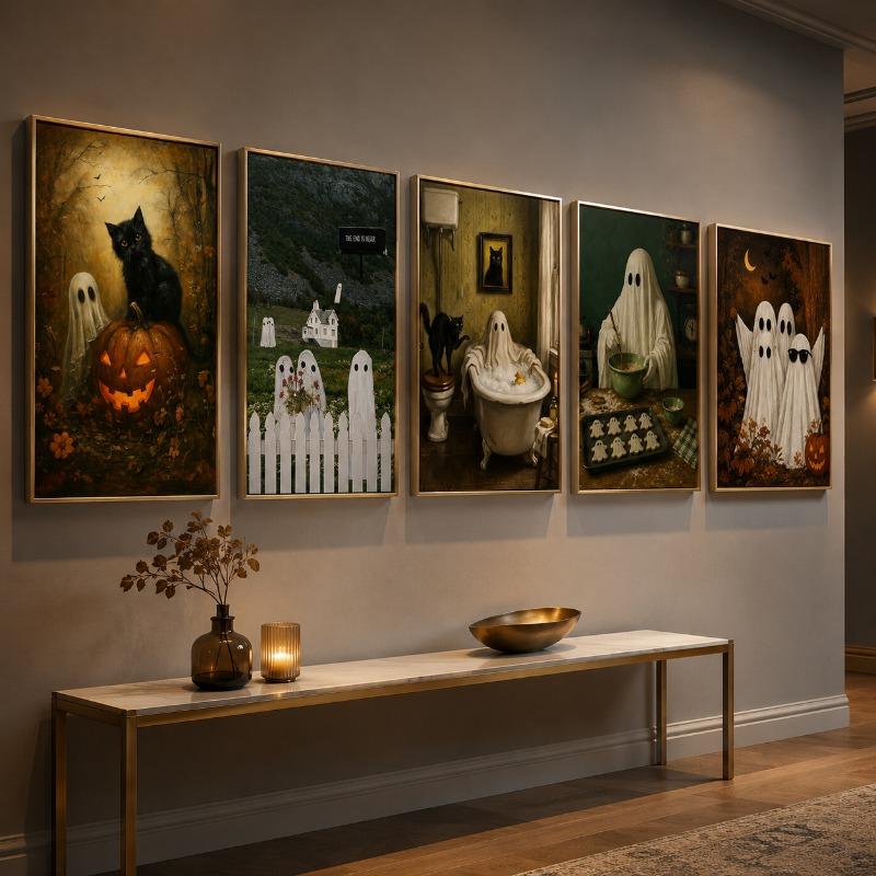 Funny Ghost Black Cat Canvas Gallery Wall Print Sunglasses Pumpkin Bat Vintage Wall Art Farmhouse Halloween Fall Home Decor Gift