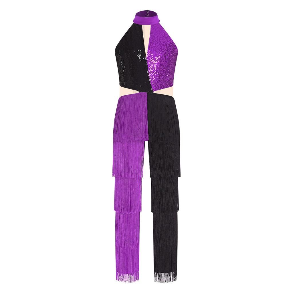 Girls Sequin Dance Jumpsuit Halter Sleeveless Cutout Back Color Block Tassel Design Latin Disco Party Bodysuit