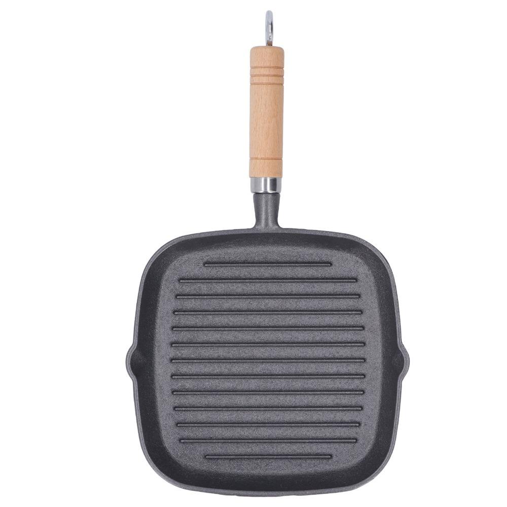 Cast Iron Steak Pan Wooden Handle Steak Griddle Kitchen Cookware Grill Pan Indoor & Outdoor