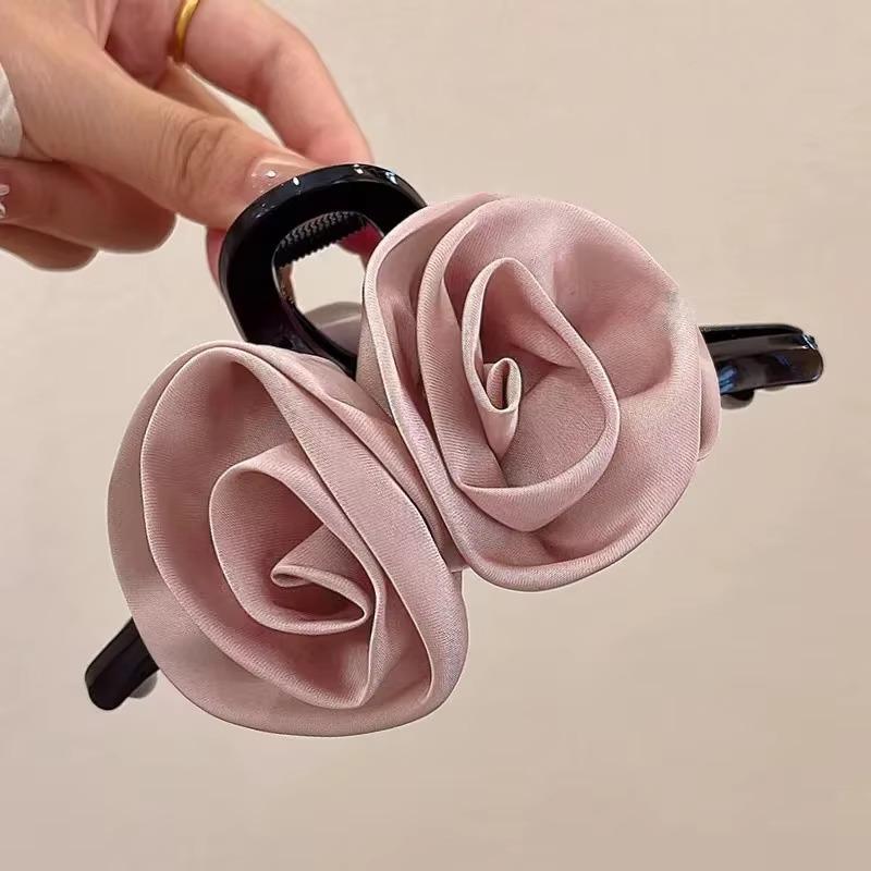 French Big Double Rose Flower Hair Claw Clips for Women Girls Vintage Satin Solid Fabric Handmade Shark Hairgrip Accessories