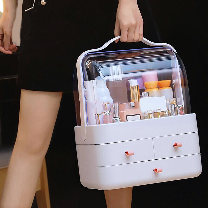 Органайзер для косметики, ящик для хранения, пылезащитный ящик для рабочего стола, органайзер для ювелирных изделий, прозрачная переносная ручка, контейнеры для хранения средств по уходу за кожей