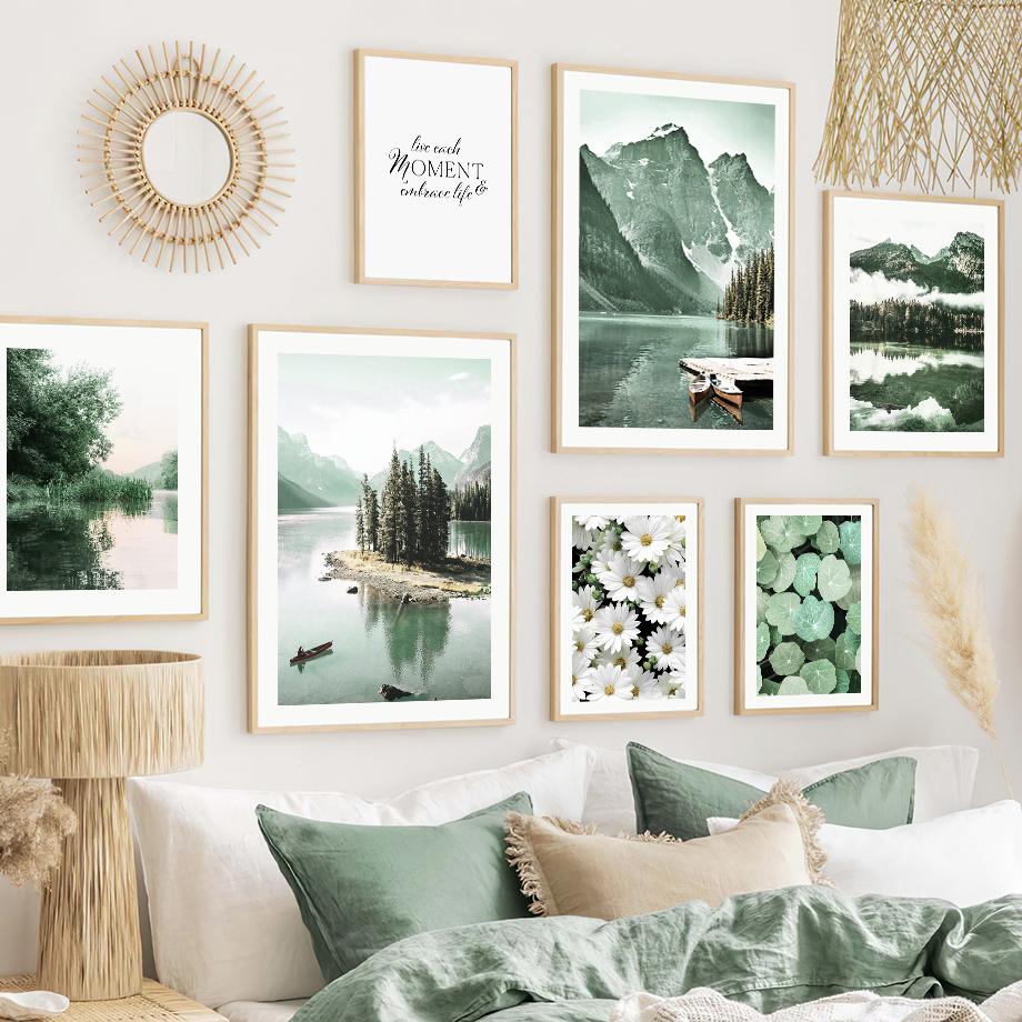 Лето зеленое озеро, лес, холм, цветок, абстрактные постеры на скандинавскую тему и принты, настенная живопись на холсте, Декор, фотографии для гостиной