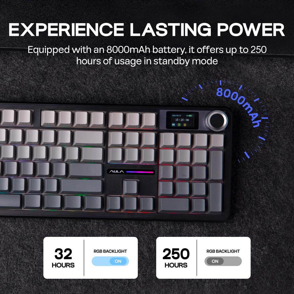 Aula F108 PRO Wireless Gaming Keyboard With Screen 8000mAh Battery 104 Hot-Swappable and Programmable Key and Knob RGB Backlight