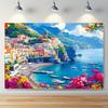 A vibrant Amalfi coast and floral polyester background fabric perfect for home and party decoration