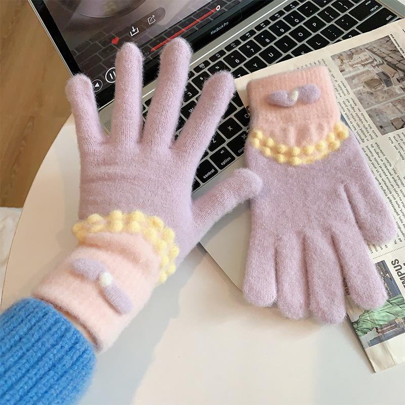 2025 Cute Bow Knitted Plush Gloves Autumn And Winter Warm Five-finger Cute Student Winter Gloves
