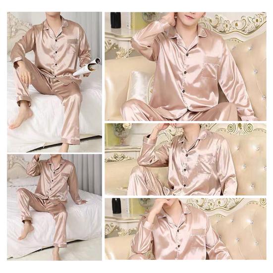 2 Pcs/Set Men Pajamas Set Satin Lapel Long Sleeve Single-breasted Patch Pocket Elastic Waist Soft Wide Leg Men Homewear Shirt Pants Set Fall