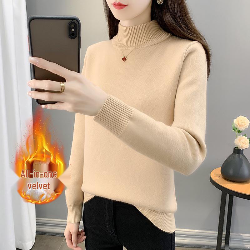 2025 Women's Autumn/Winter Half-High Collar Velvet-Lined Knit Sweater