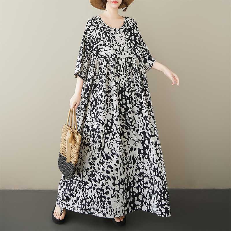 Женское повседневное отпускное платье с круглым вырезом, леопардовым принтом, черно-белое, с рукавами свободного кроя, большое платье-свинг