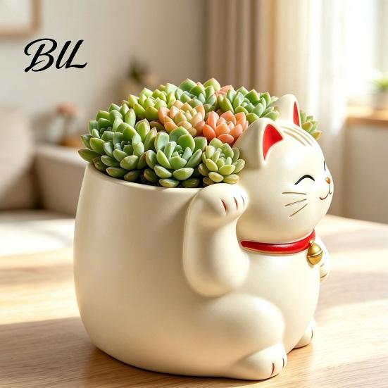 Durable Waterproof Resin Planter Cute Fortune Cat Planter, Beckoning Kitty Flower Pot, Auspicious Cartoon Animal Pot Plant for Succulents, Indoor
