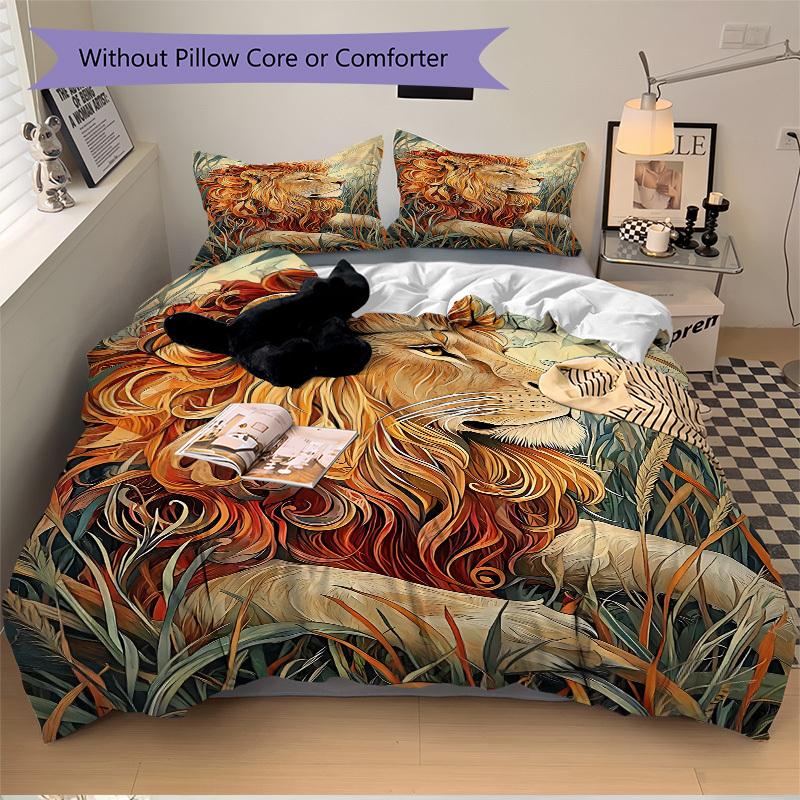 3pcs bedding set Lion Safari Includes 1 Comforter + 2 Pillowcases, Without Pillow Inserts, Soft Comfortable, Lightweight Breathable, Printed