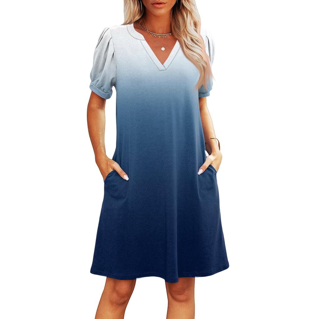 Women's Summer V-Neck Casual Beach Dresses Pod Short Sleeve Gradient Printed Dresses