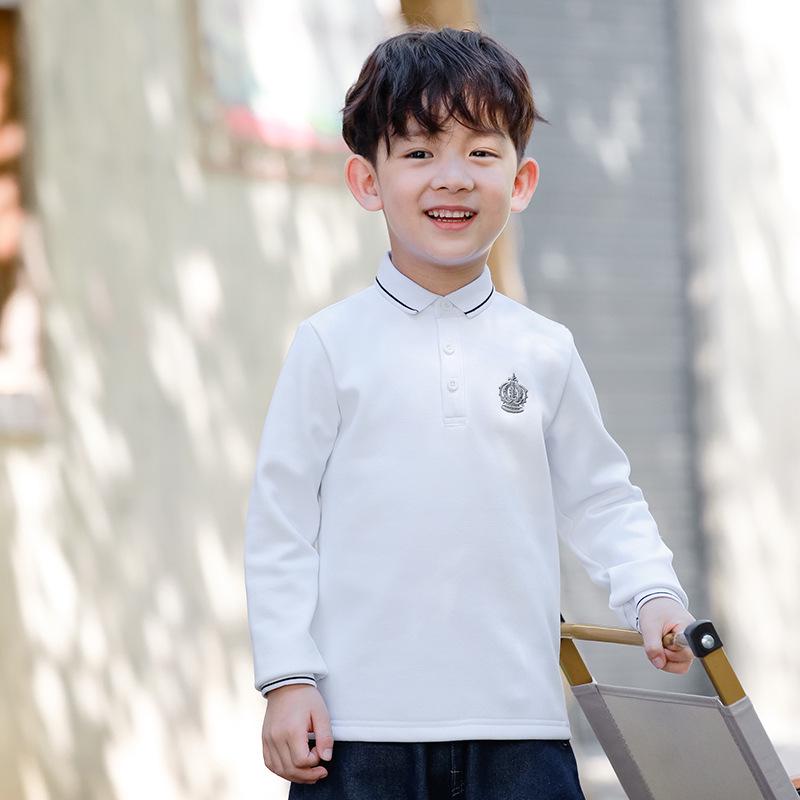Boys' Long-Sleeve Velvet Polo Shirt - White School Uniform for Older Children In Winter