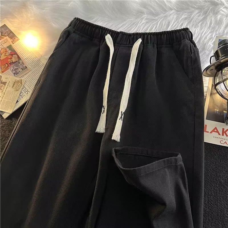 Spring And Autumn Harajuku Hong Kong Style Simple Loose Trend Ins Versatile Casual Drawstring Straight Long Pants Jeans For Men