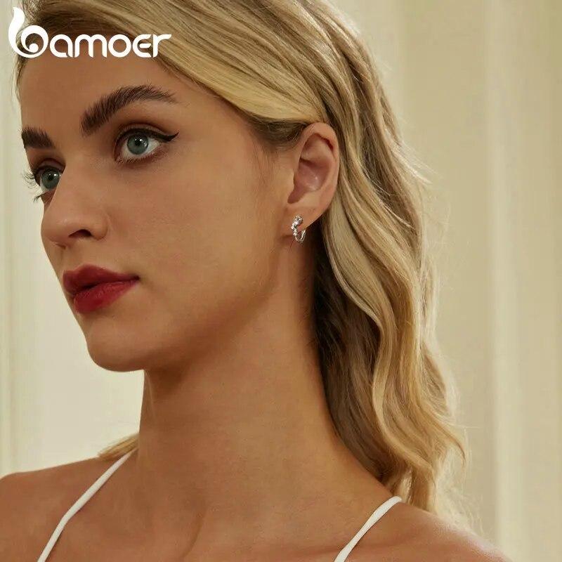 BAMOER 925 Sterling Silver Shiny Starry Ear Buckles Irregular Hoop Earrings for Women Shiny Zircon Fine Jewelry Gift