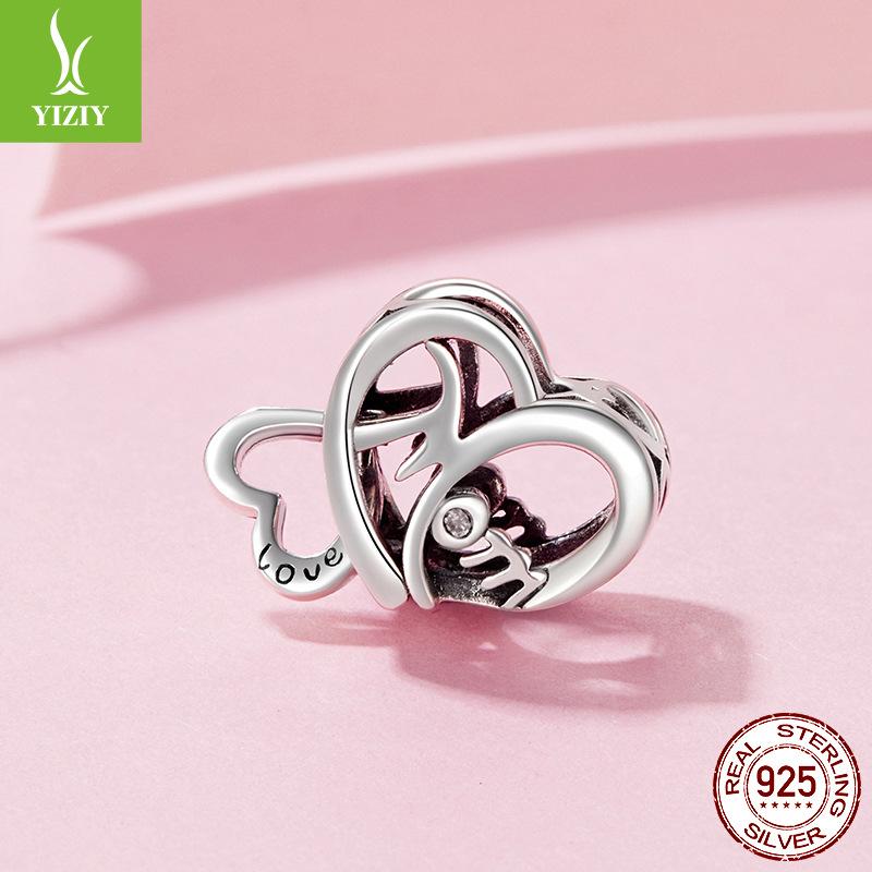 Mother'S Day Double Heart Beaded Mom Cross-Border 925 Silver Love-Shaped String Beads Diy Bracelet Accessories