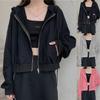 Women Casual Short Zipper Cardigan Hooded Jacket Sweatshirt Women's Solid Color Thin Long Sleeve