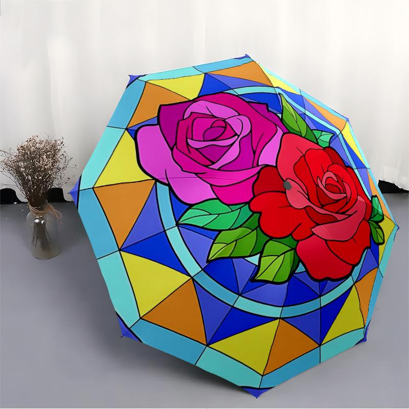 1pc Rose Stained Glass Pattern Automatic Folding Umbrella - Portable Collapsible Design, 8-Rib Iron Frame, Durable Fabric yy251125060