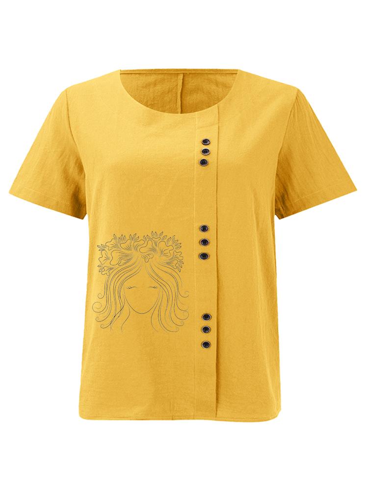 Women's Fashion Black Line Lady Print Casual Cotton Linen Short Sleeve Round Neck T-shirt Shirt Leisure Loose Summer Blouse Tops