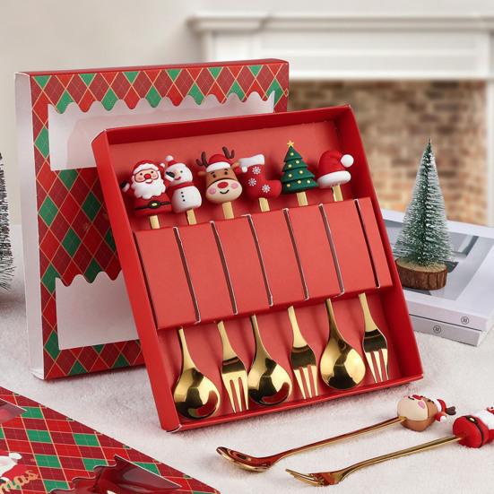 6Pcs/Set Stainless Steel Spoon Fork Set Santa Claus Snowman Deer Christmas Tree Hat Decor Tableware Holiday Party Supply