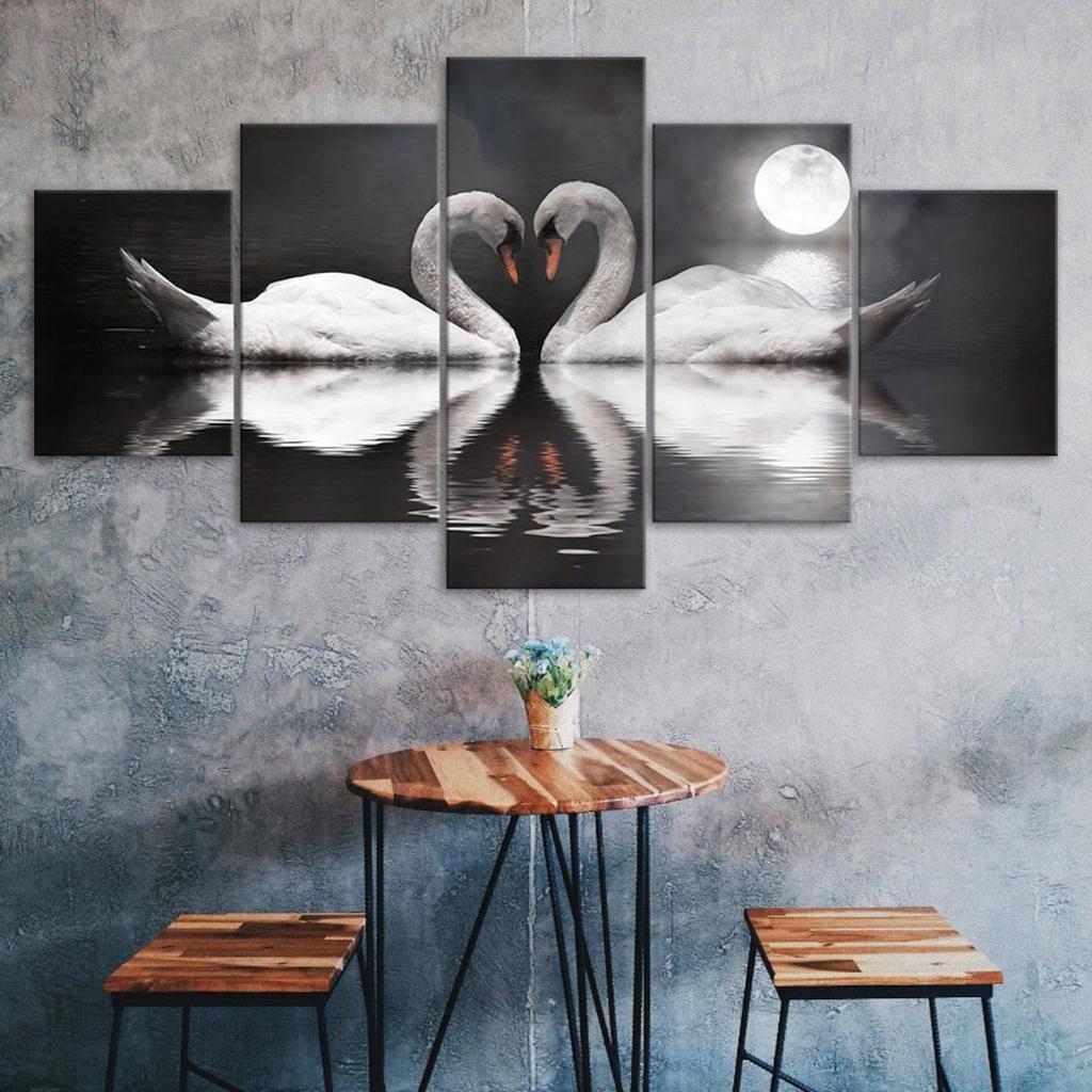 Swan Couple Love Full Moon Scenery 5 Piece Canvas Wall Art Multi Panel Print Modern Poster Home Decor Picture Gift For Him For Her