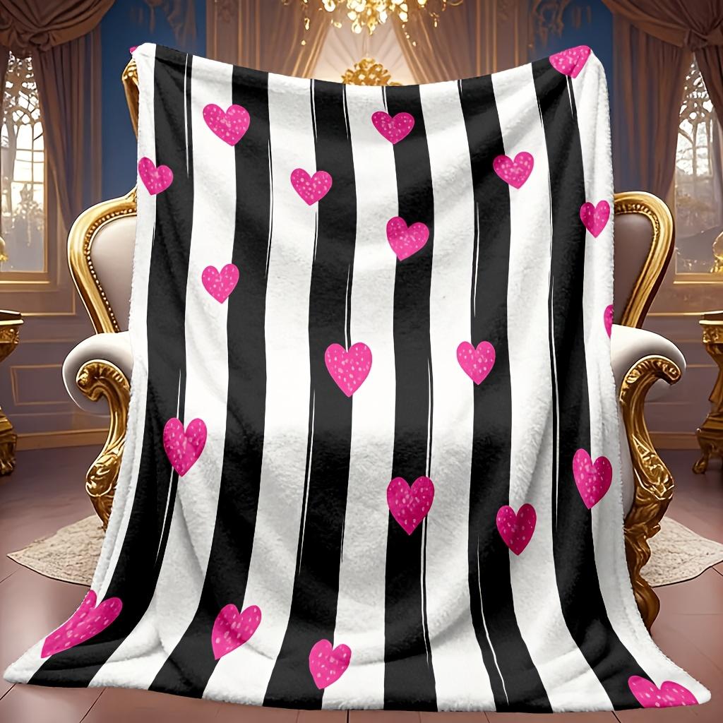 Comfortable Black And White Stripe Pink Heart Theme Flannel Blanket Soft High-Definition Digital Print Cooling Blanket All-Season Use Soft Breathable