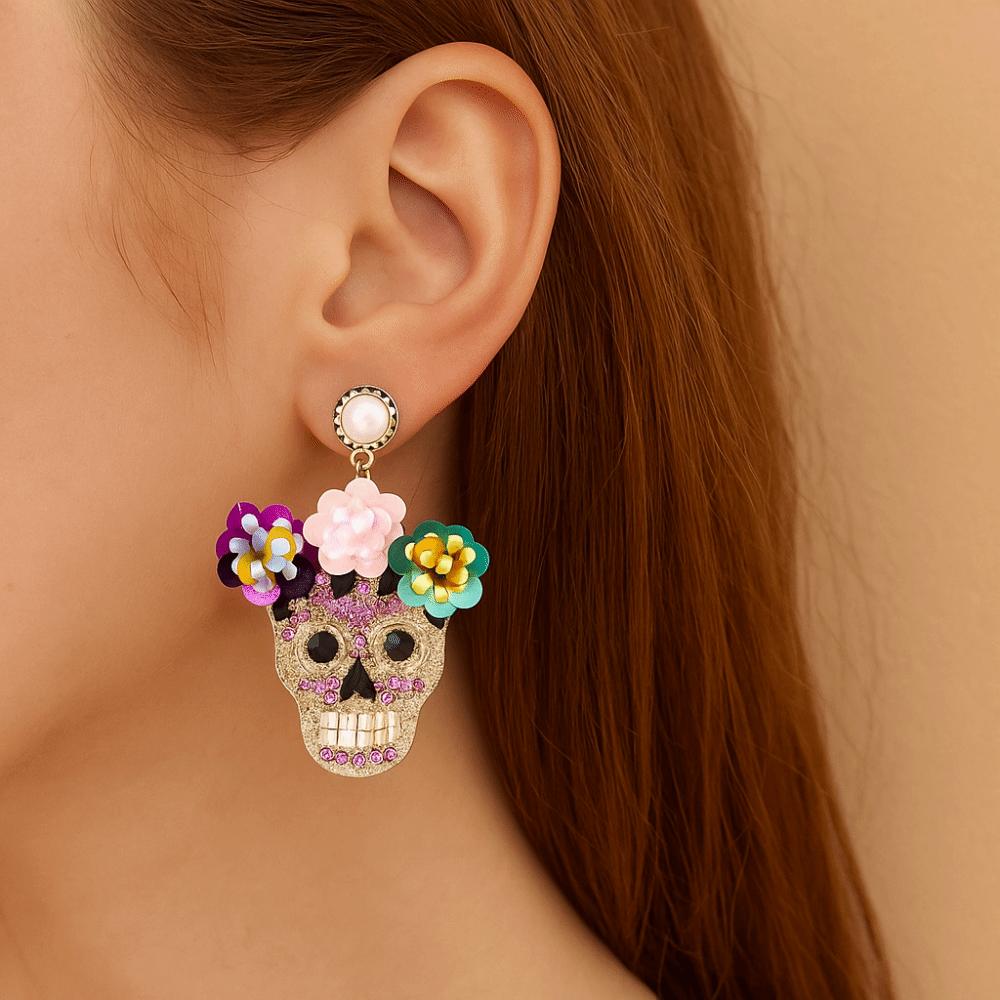 Personality Zircon Encrusted Skull Earrings Flower Glitter Skeleton Stud Earrings Women