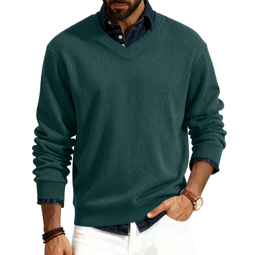 Men's V-neck Long-sleeved Ribbed Knit Pullover