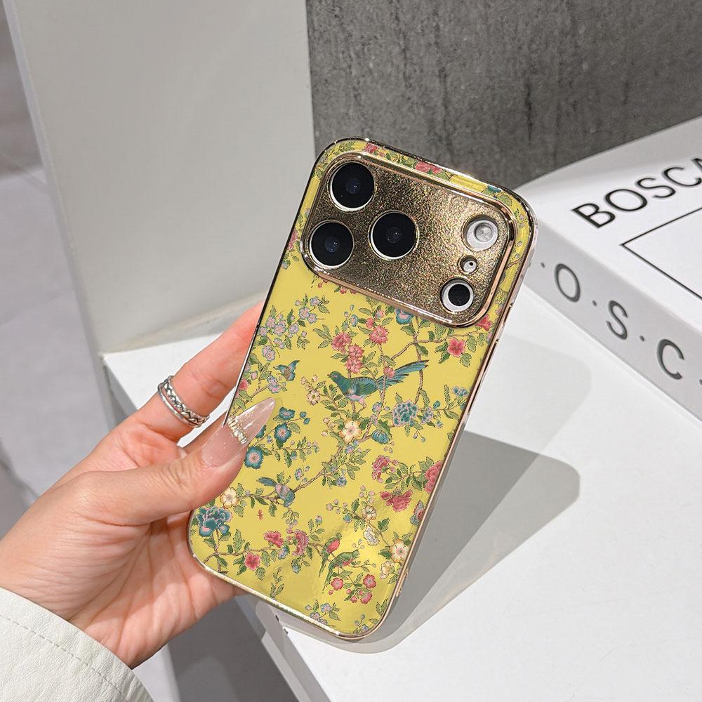 Чехол для телефона 'Счастливый старт' для iPhone 17 16 15 14 13 12 11 Pro Max 16E Золотой гальванизированный стеклянный корпус Садовая крышка в стиле шинуазри