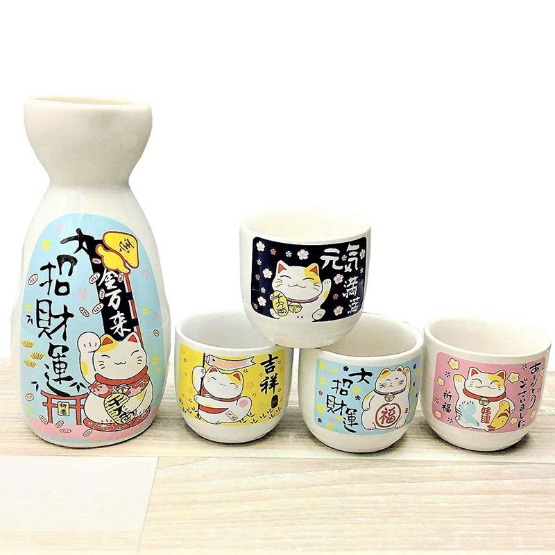 Набор из 5 предметов для вина, японский керамический набор для сакэ Maneki Neko (1 бутылка ТОККУРИ 200 мл и 4 чашки ОЧОКО) Посуда Lucky Cat