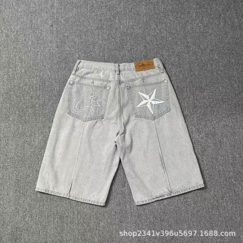 Джинсовая куртка Corteiz Streetwear с вышивкой в виде звезды Прямой крой Рваные джинсовые шорты Мужские