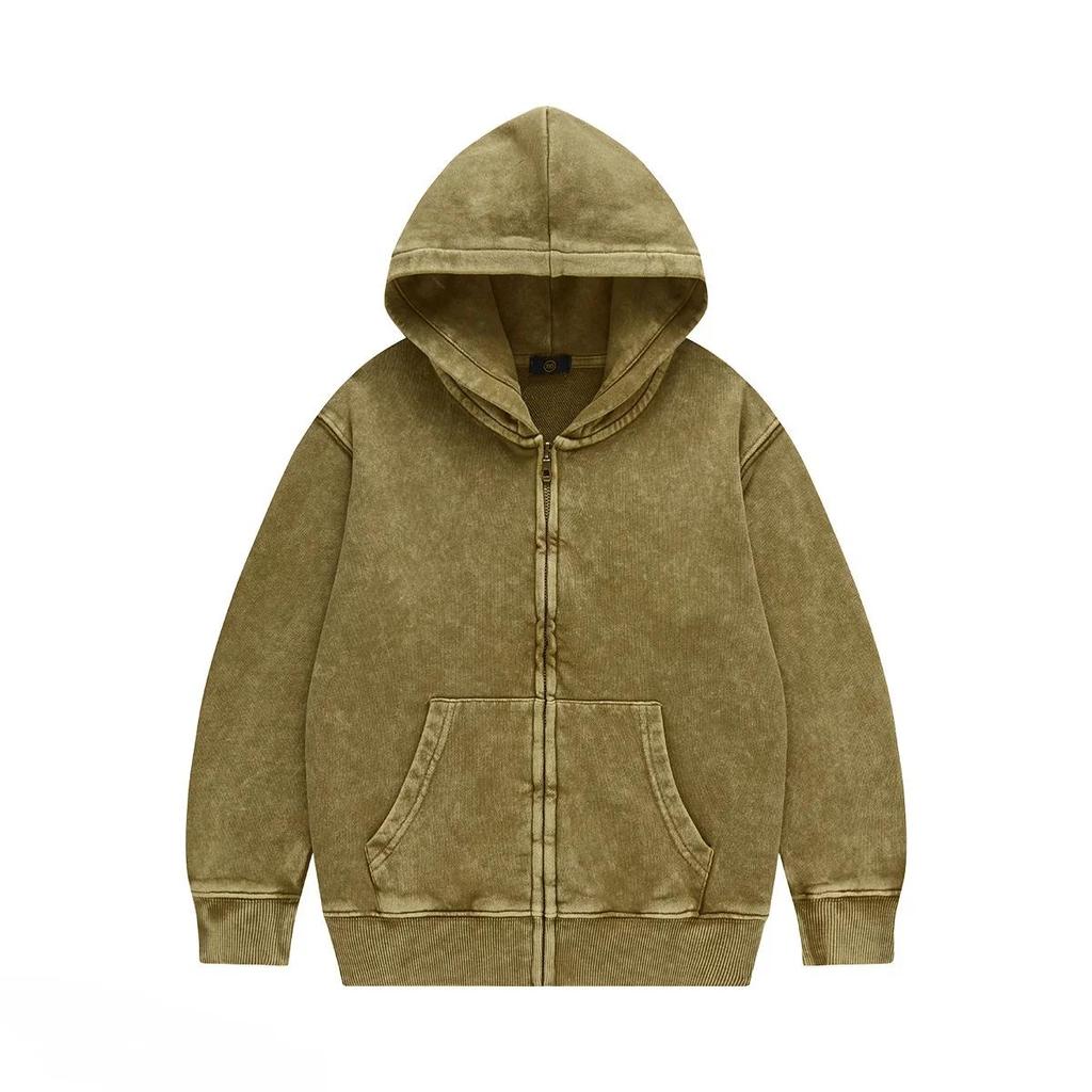 Детская верхняя одежда 2025 Осень Модные Крутые 350г махровый хлопок Винтажные толстовки на молнии Мальчики Девочки Повседневные Спортивные топы Детская одежда