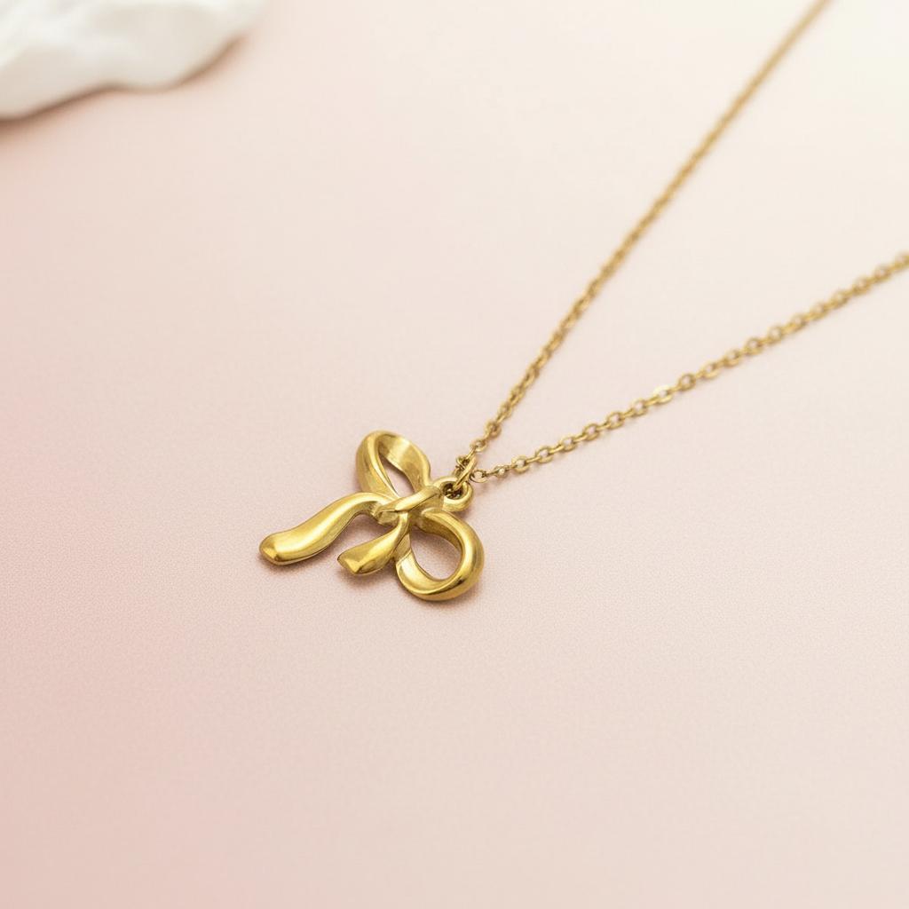 Stainless Steel Pendant Necklace For Women Golden Bowknot Design Hypo-allergenic Jewelry For Sensitive Skin