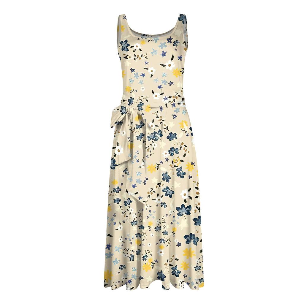 Женское летнее пляжное свободное платье трапециевидной формы средней длины с круглым вырезом и без рукавов, платье-жилет с карманом на шнуровке и цветочным принтом