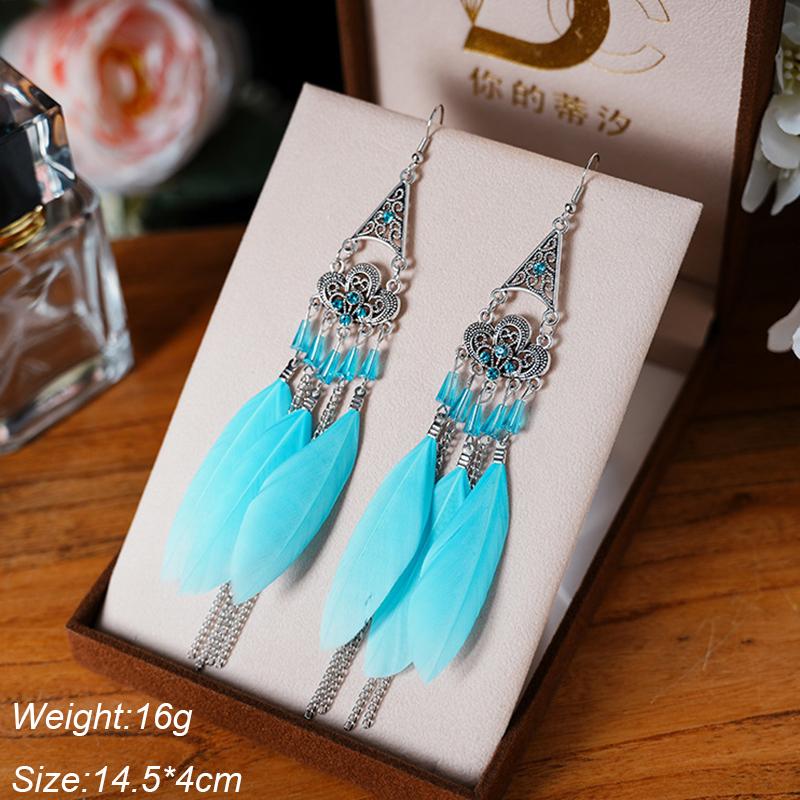 Blue Fashion Boho Temperament Water Drop Feather Earrings for Women Long Crystal Rhinestone Drop Oil Dangle Earring Jewelry