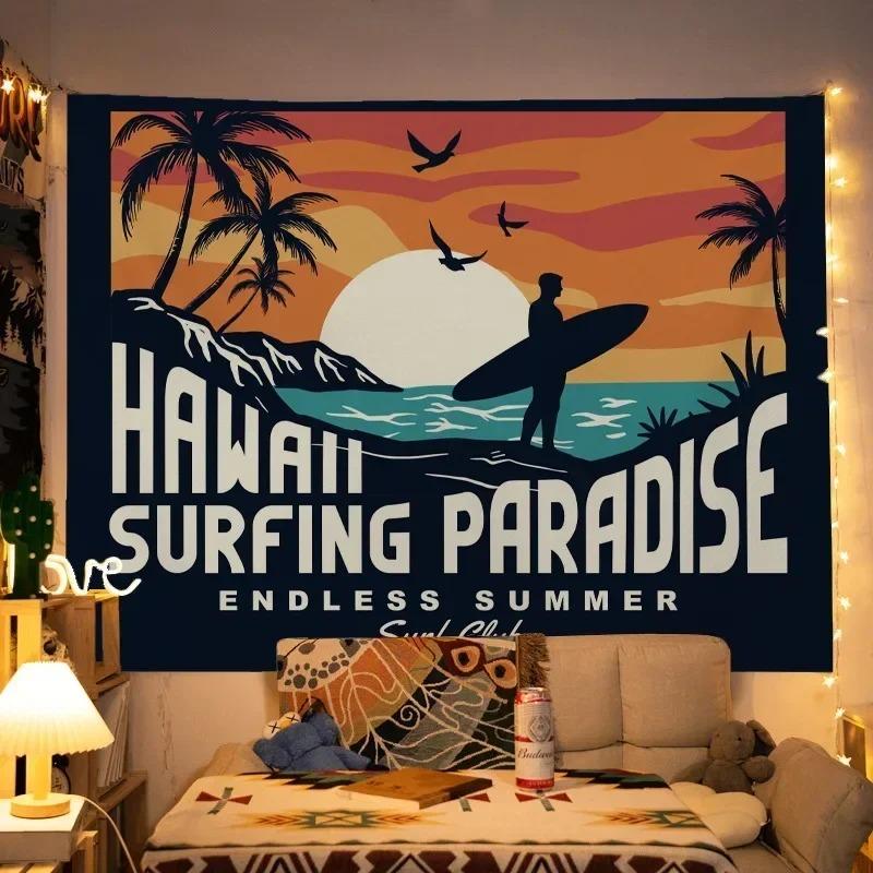 Hawaii Surfing Tapestry Retro Beach Wall Hanging Vintage Sunset Silhouette Art for Bedroom Coastal Decor